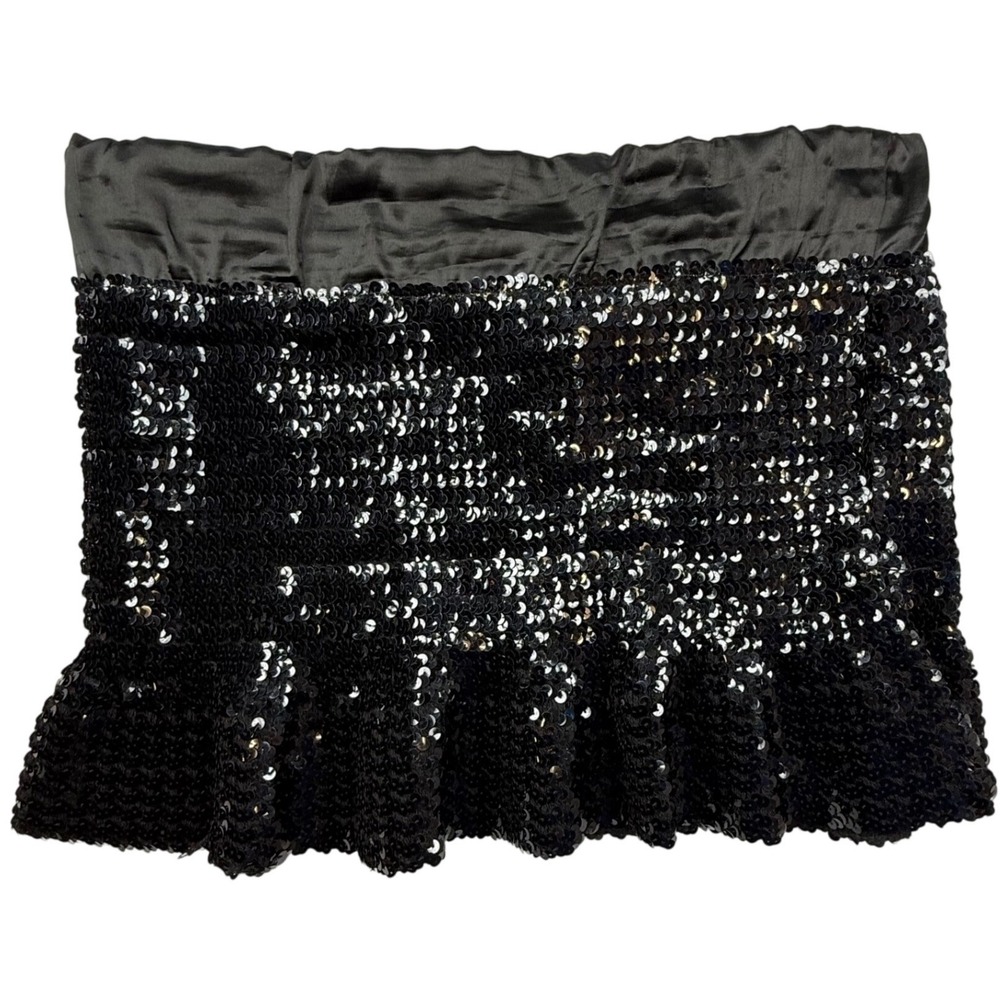 VTG Black‎ Sequin Mini Skirt Ruffle Hem Satin Waist Large USA party glam Y2K